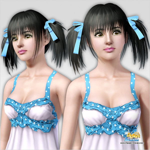 Double fringe tail with colored bows hairstyle ID 143 by Peggy Zone for Sims 3