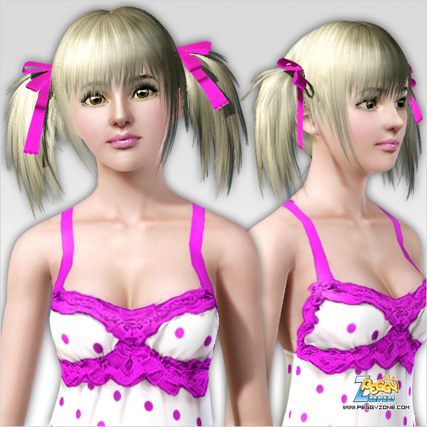 Double fringe tail with colored bows hairstyle ID 143 by Peggy Zone for Sims 3
