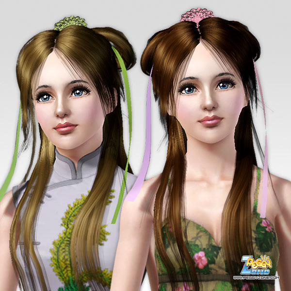 Shaped bun with satin ribbon bow hairstyle ID 208 by Peggy Zone for Sims 3