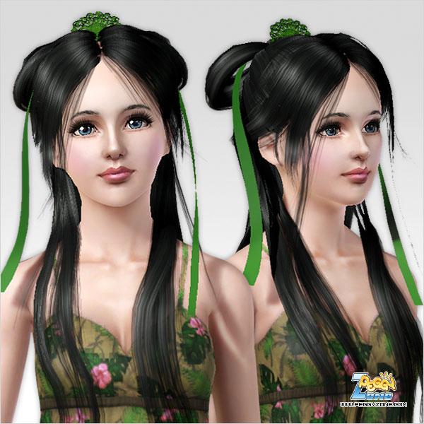 Shaped bun with satin ribbon bow hairstyle ID 208 by Peggy Zone for Sims 3