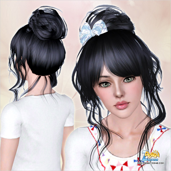 Topknot with bow and stripes framing the face ID 449 by Peggy Zone for Sims 3