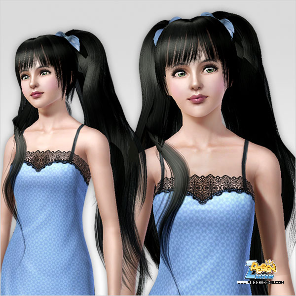 Double long ponytail with bows and bangs ID 91 by Peggy Zone for Sims 3