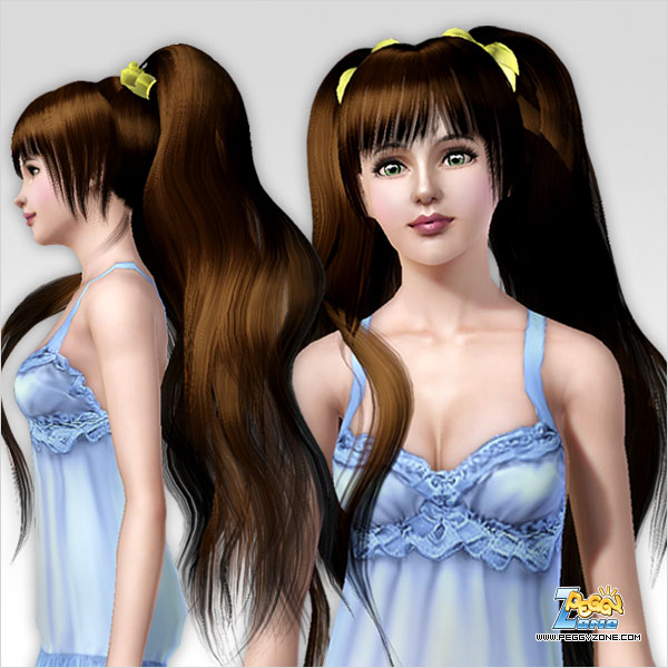 Double long ponytail with bows and bangs ID 91 by Peggy Zone for Sims 3