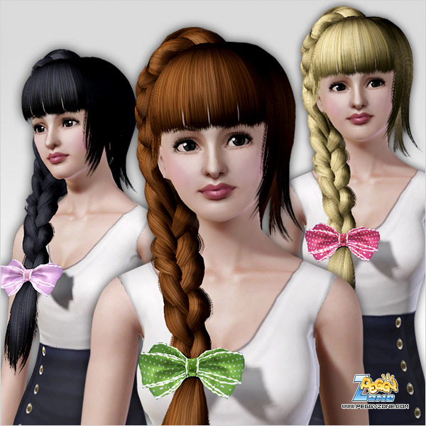 Big braid in the right side of a head with bangs and bow ID 50 by Peggy Zone for Sims 3