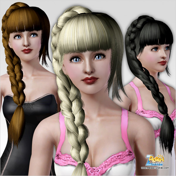 Big braid in right side of a head with bangs ID 46 by Peggy Zone for Sims 3