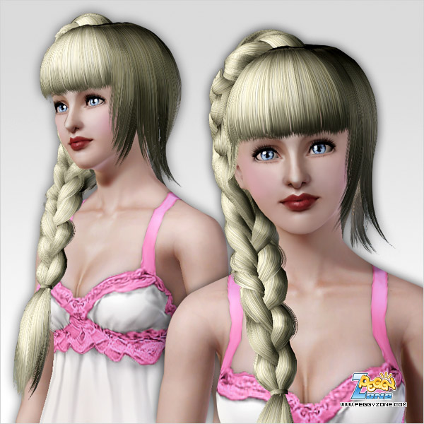 Big braid in right side of a head with bangs ID 46 by Peggy Zone for Sims 3