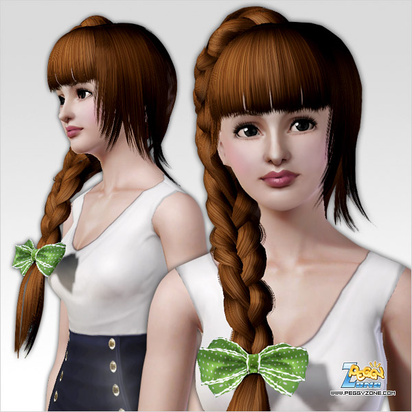 Big braid in the right side of a head with bangs and bow ID 50 by Peggy Zone for Sims 3