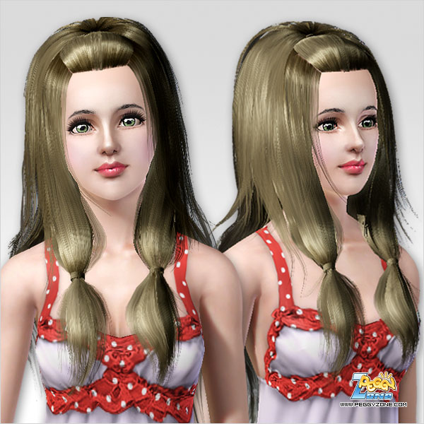 Double knotted pigtail with rolled bangs hairstyle ID 268 by Peggy Zone for Sims 3
