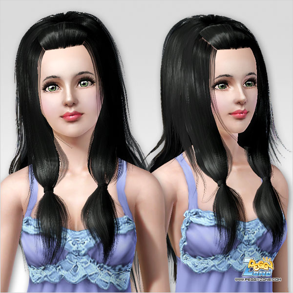 Double knotted pigtail with rolled bangs hairstyle ID 268 by Peggy Zone for Sims 3