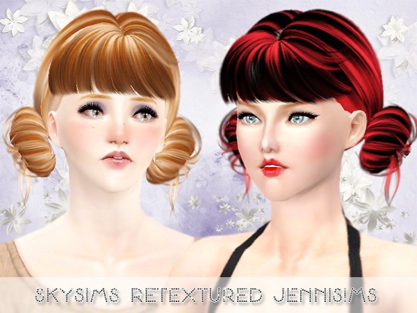 Two sculpted buns with bangs hairstyle SkySims 109 retextured by Jenni Sims for Sims 3