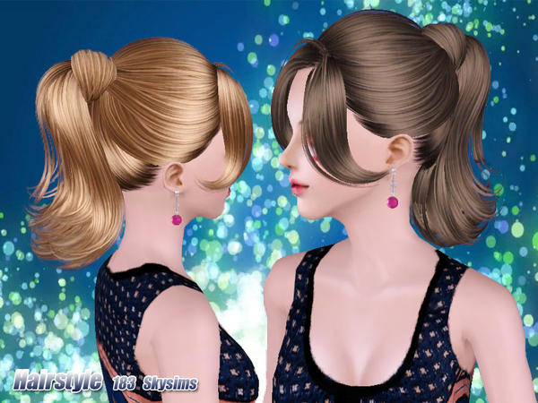 Wrapped ponytail with middle part bangs hairstyle 183  by Skysims for Sims 3