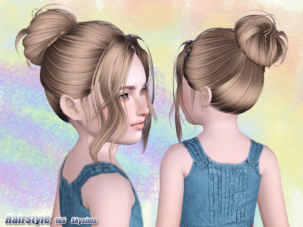 Chic bun with middle part bangs hairstyle 166 by Skysims for Sims 3