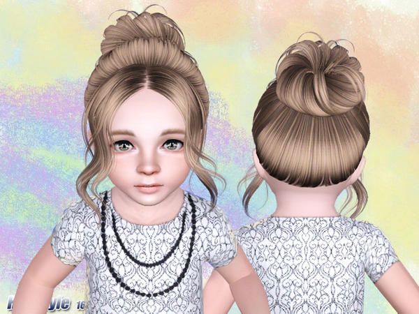 Chic bun with middle part bangs hairstyle 166 by Skysims for Sims 3