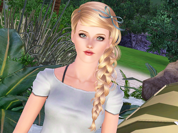 NewSea`s Blue Bird accessorized fishtail hairstyle retextured by Brad for Sims 3