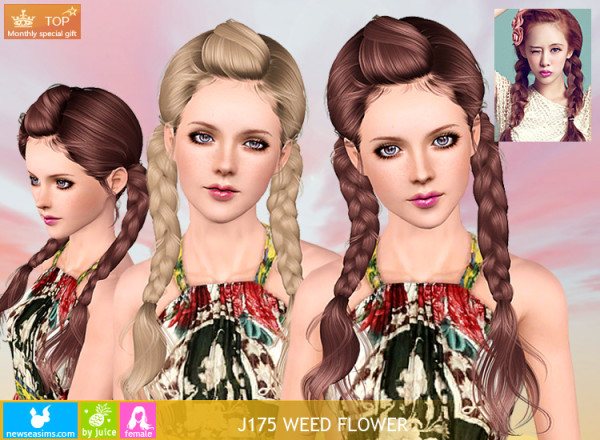 Double braids with wrapped bangs J175 Weed Flower hairstyle by Newsea for Sims 3