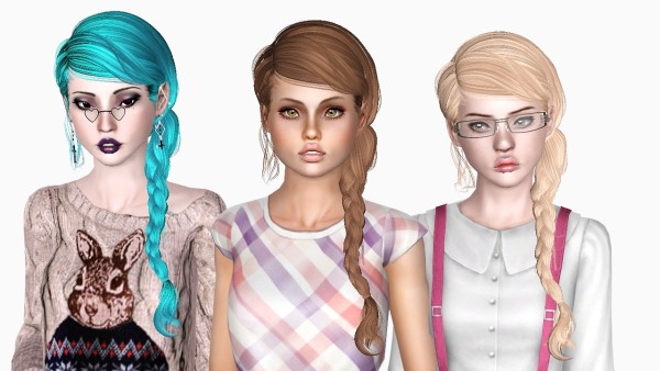 In a side tornado tail hairstyle NewSea`s RollCake retextured by Sjoko for Sims 3