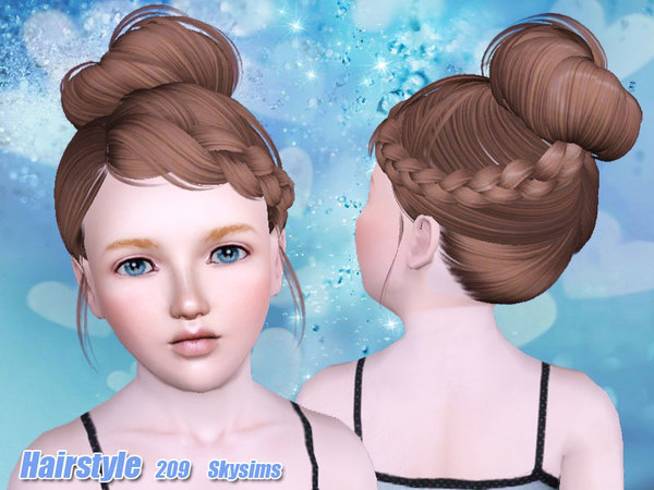 Modern bun with braided side hairstyle 209 by Skysims for Sims 3